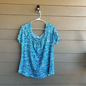 Lands' End  Short Sleeve Light Weight Smocked Square Neck Top - Size XL Modest